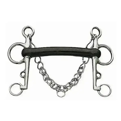 Silver horsebit rubber pelham mullen mouth bit with black rubber padding and chain link design