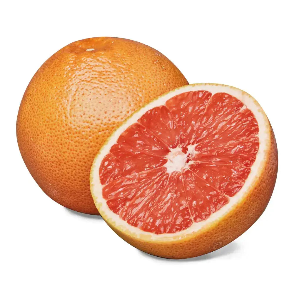 A vibrant ruby grapefruit with a textured rind and juicy pink segmented flesh perfect for fresh snacking