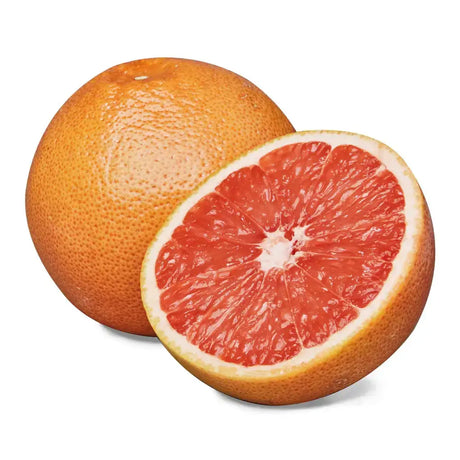 A vibrant ruby grapefruit with a textured rind and juicy pink segmented flesh perfect for fresh snacking