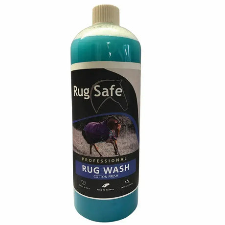 A teal bottle of rugsafe cotton fresh antibacterial professional rug wash with a beige cap and horse rug label