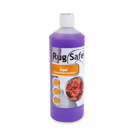 Purple plastic bottle of rugsafe expel wash antibacterial rug wash for equine rugs with white cap and orange label banner