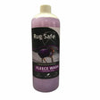 A bottle of rugsafe fleece wash with purple liquid, beige cap, and horse label for antibacterial horse rug wash