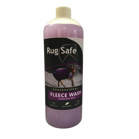 A bottle of rugsafe fleece wash with purple liquid, beige cap, and horse label for antibacterial horse rug wash
