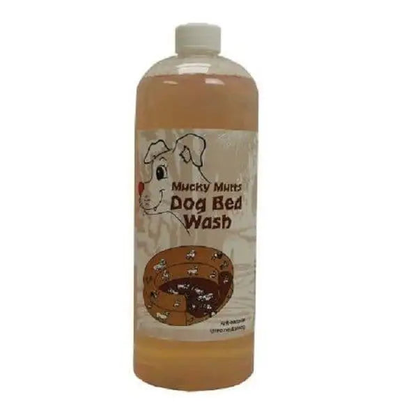 A clear plastic bottle of rugsafe mucky mutts dog bed wash with amber liquid and a cartoon dog, suitable for waterproof coatings