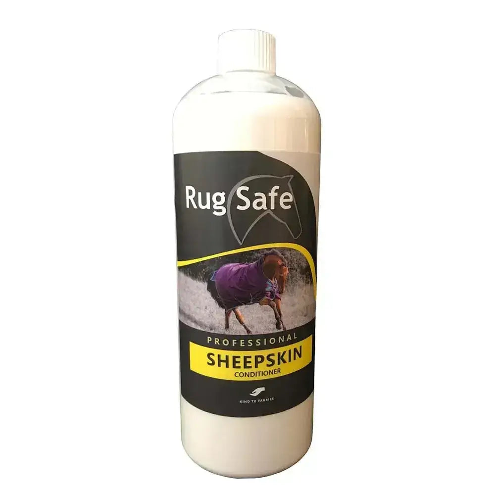 Rugsafe sheepskin conditioner in a white bottle with a black yellow label and a dog wearing a purple coat on it