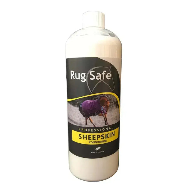Rugsafe sheepskin conditioner in a white bottle with a black yellow label and a dog wearing a purple coat on it