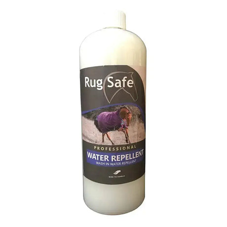 Rugsafe wash silicone based water repellent in white bottle with black label showing horse in purple rug for air cure use