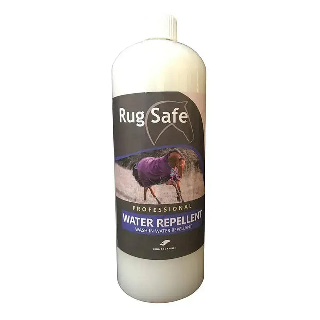 Rugsafe wash silicone based water repellent in white bottle with black label showing horse in purple rug for air cure use
