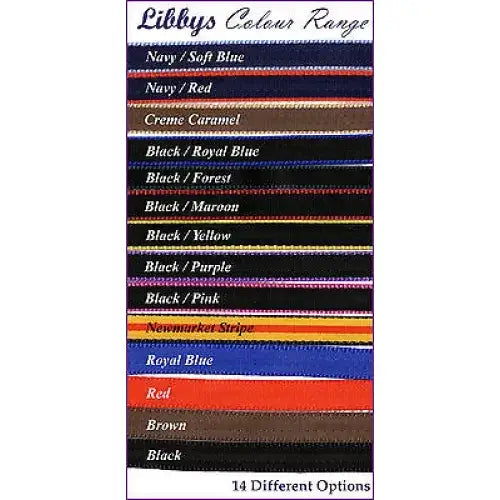 Libbys colour range display shows 14 running martingale attachment ribbons in royal blue 19mm web solid and striped patterns