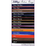 Libbys colour range display shows 14 running martingale attachment ribbons in royal blue 19mm web solid and striped patterns