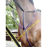 Black horse bridle running martingale with purple and yellow trim made from 25mm webbing for small pony use
