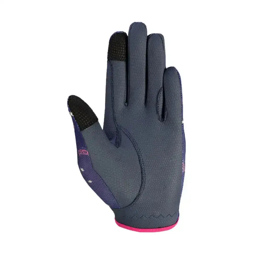 Dark blue sabina children’s mesh riding gloves with black fingertips pink trim and star pattern on backhand for kids