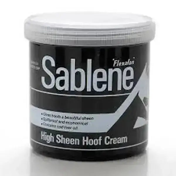 Black cylindrical container of flexalos sablene hoof cream with white lid and silver text spill proof hoof cream