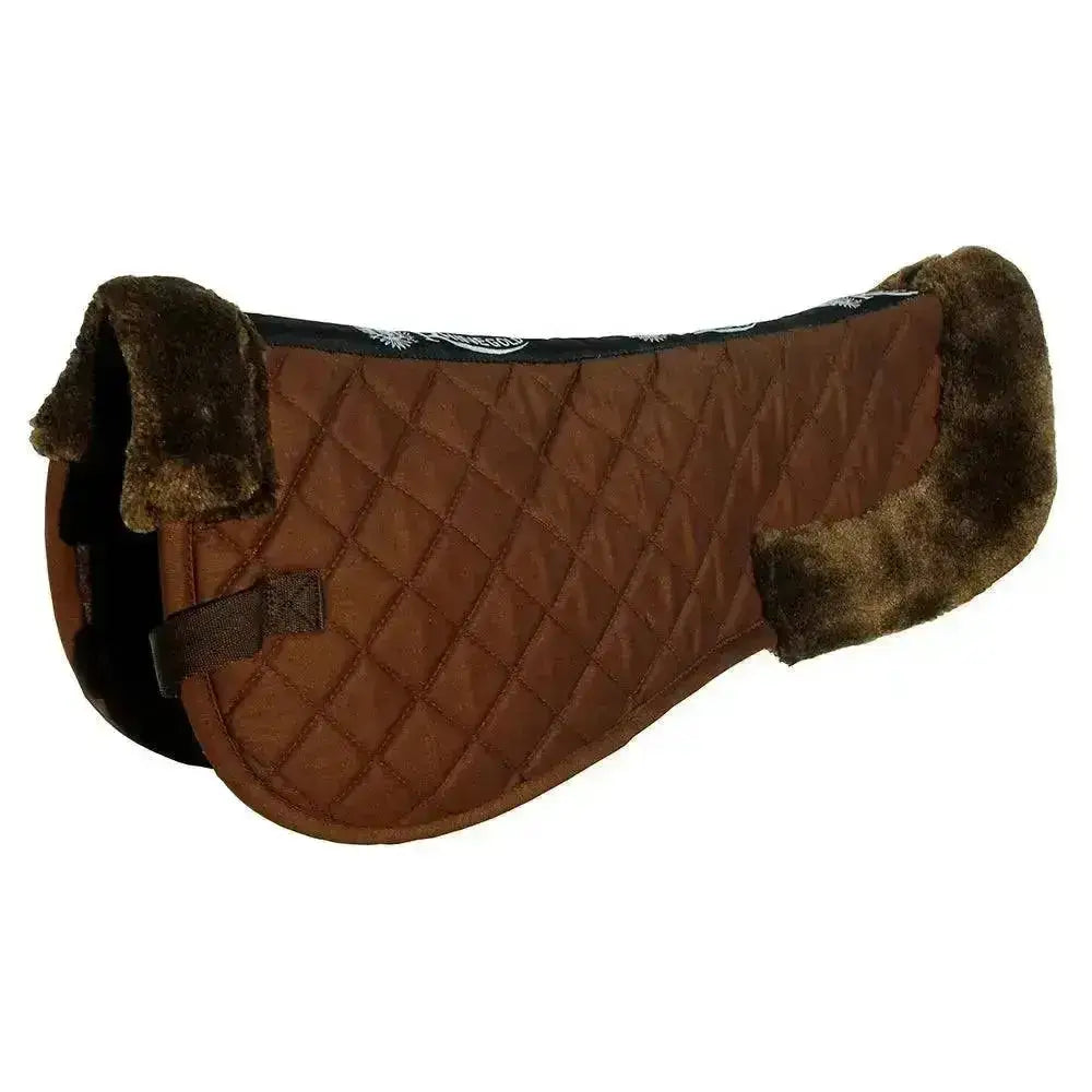 Brown quilted rhinegold comfort saddle half pad with plush dark brown faux fur trim and white embroidered black border