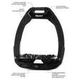Black flex-on safe-on stirrups combine comfort and safety with a sleek design and interchangeable footbed grips