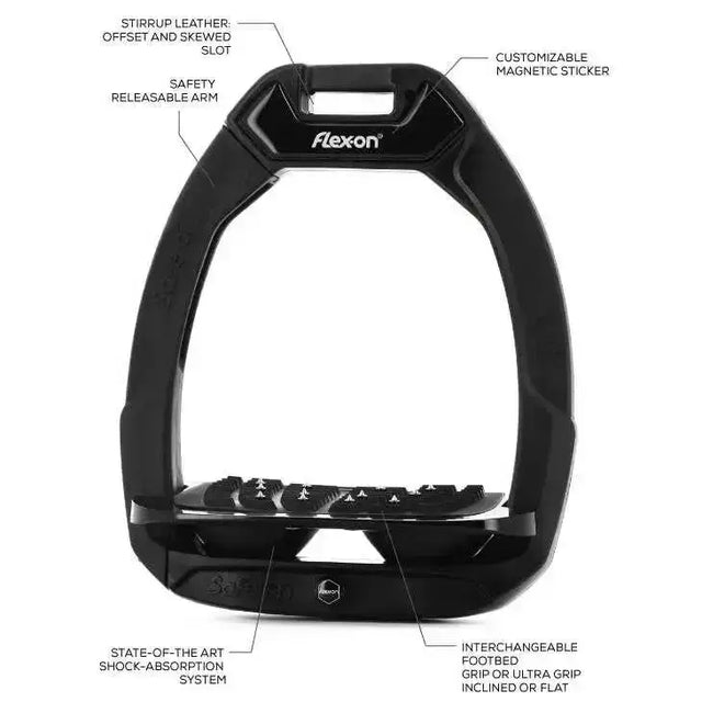 Black flex-on safe-on stirrups combine comfort and safety with a sleek design and interchangeable footbed grips