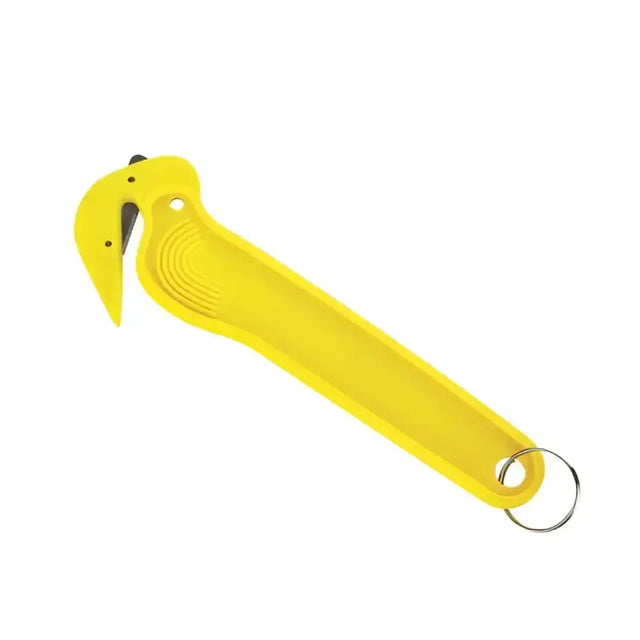 Bright yellow safety yard knife with metal blade and key ring, handy sized knife perfect to cut bailer twine