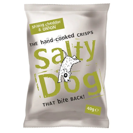 A silver foil bag of salty dog hand cooked crisps with green and black text and a cartoon dog illustration