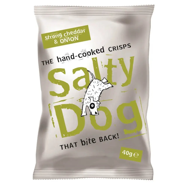 A silver foil bag of salty dog hand cooked crisps with green and black text and a cartoon dog illustration