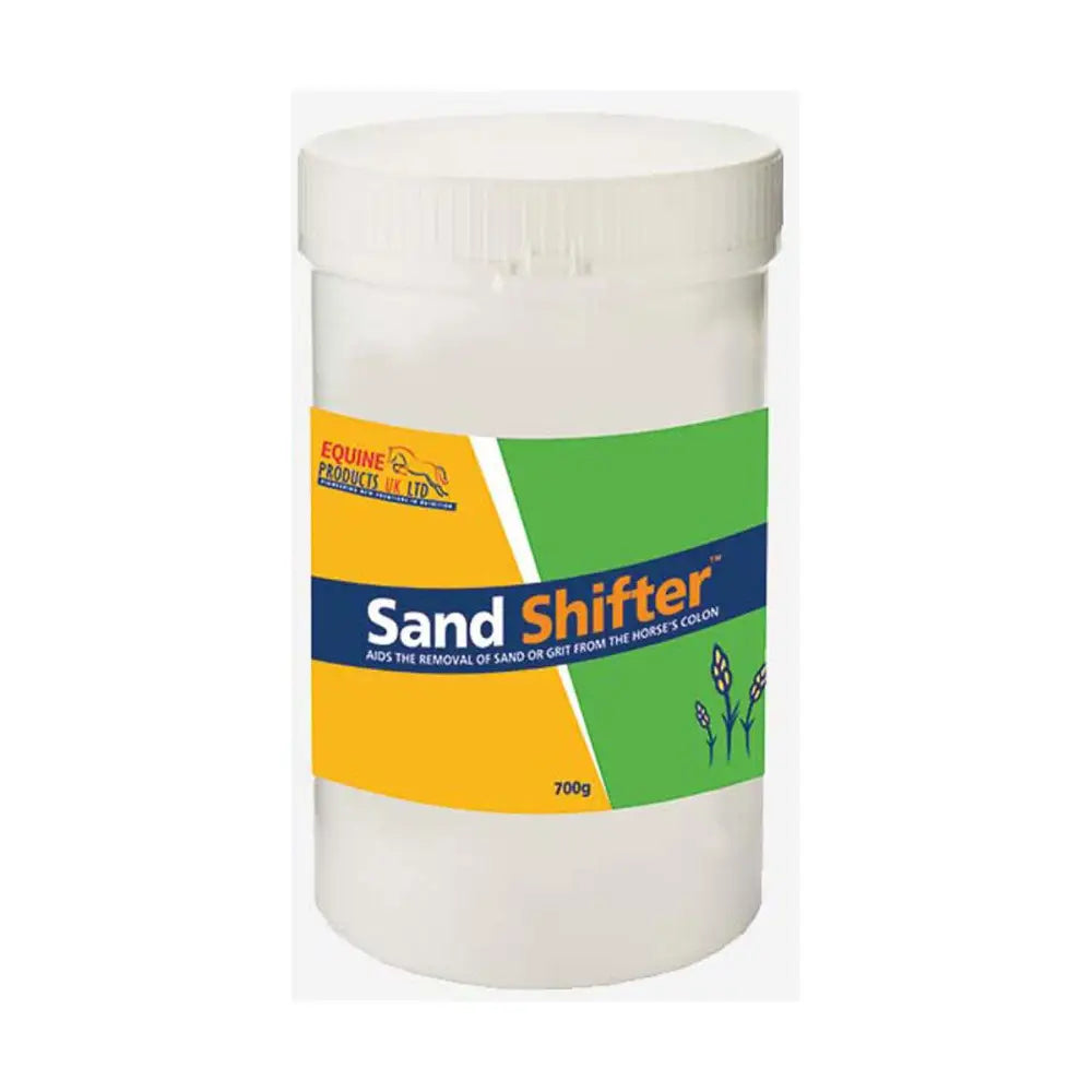 White plastic container with colorful label for sand shifter by equine products uk ltd with psyllium husk powder aiding horse’s digestive tract