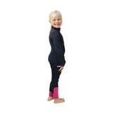 A child wearing the sara base layer navy blue wetsuit with pink cuffs perfect for a cozy childs wardrobe base layer