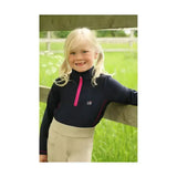 Navy blue sara base layer with bright pink half zip and trim featuring embroidered initials perfect for a child’s wardrobe base layers