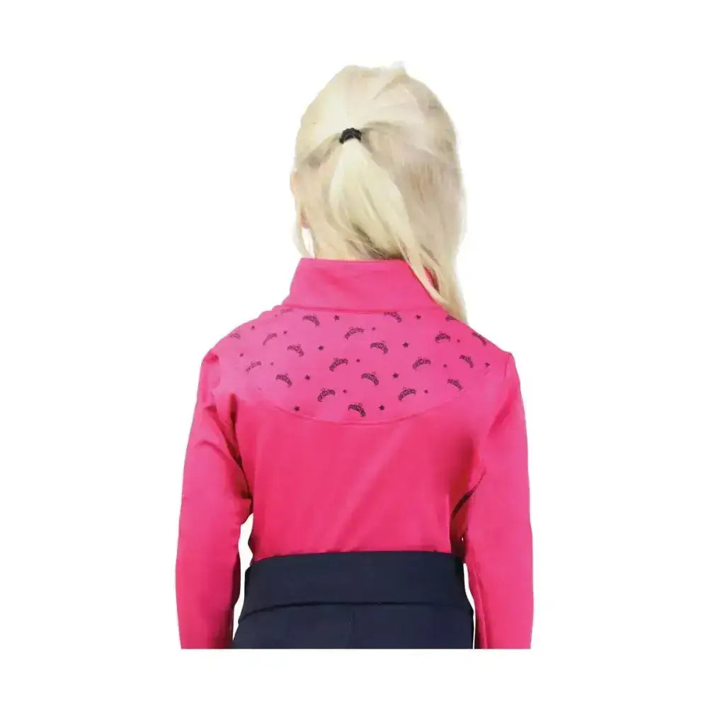 Back view of sara base layer in vibrant pink long sleeves with navy waistband and crescent moons perfect for child’s wardrobe base layers