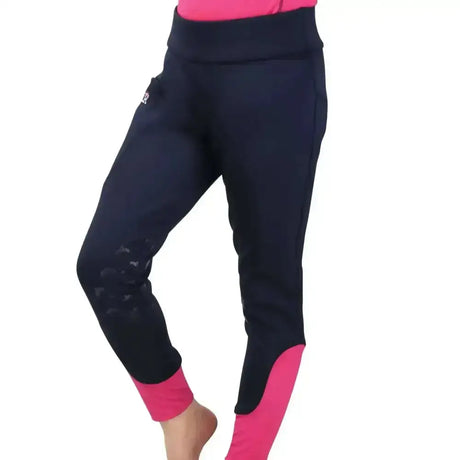 Black and pink sara riding tights by little rider with reinforced knee patches and high-waisted design for aspiring equestrian athlete