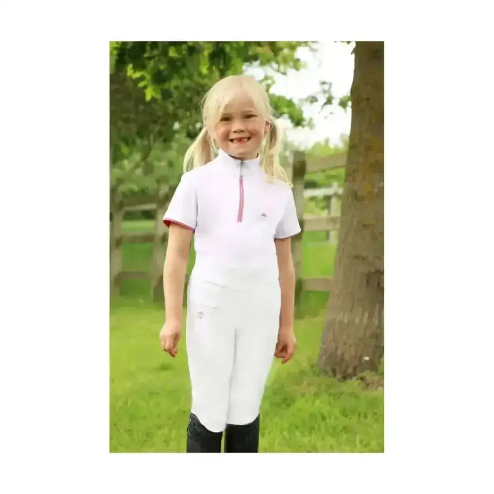 White sara riding tights with pink zipper and subtle logo perfect for aspiring equestrian athletes by little rider