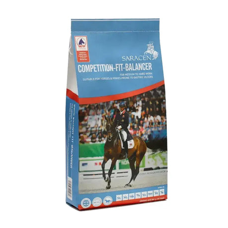 Blue and red saracen competition fit balancer horse feed bag with rider on brown horse for competition horses