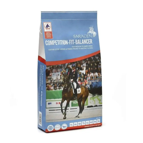 Blue and red saracen competition fit balancer horse feed bag with live yeast and rider on brown horse photo