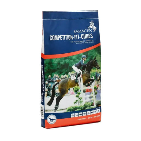 Saracen competition fit cubes 20 kg horse feed bag in blue and orange with rider jumping over hurdle design