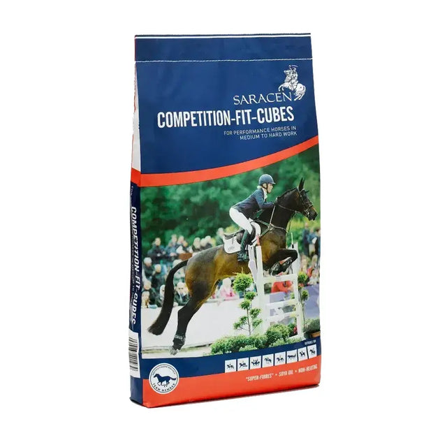 Saracen competition fit cubes horse feed bag 20 kg with blue and orange design and rider jumping over hurdle