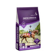 Purple and white bag of saracen condition improver mix horse feed with rider on brown horse promoting coat condition