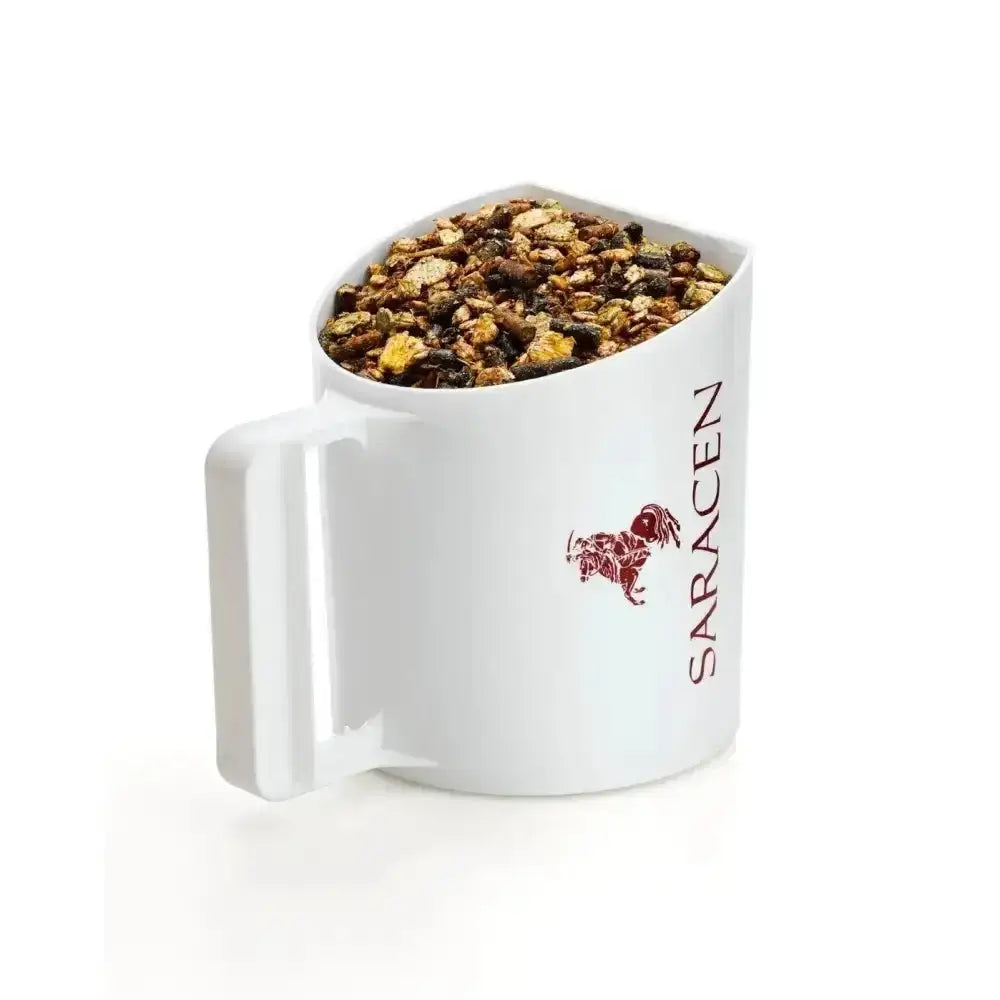 White ceramic mug with red saracen logo filled with loose leaf tea for saracen condition improver mix coat condition
