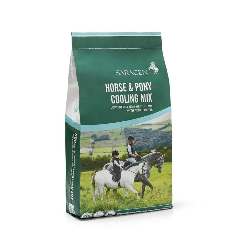 Green and white bag of Saracen cooling mix pony cooling mix with added herbs for horses and ponies