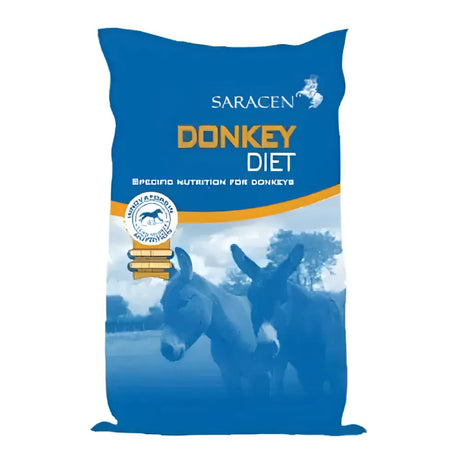 Blue bag of saracen donkey diet nuts low energy feed designed for a healthy specialized donkey diet