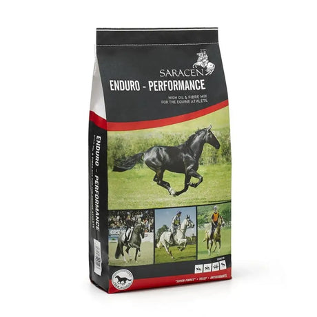 Black and red saracen enduro-performance horse feed bag with a dynamic black horse and chelated minerals for equine athletes