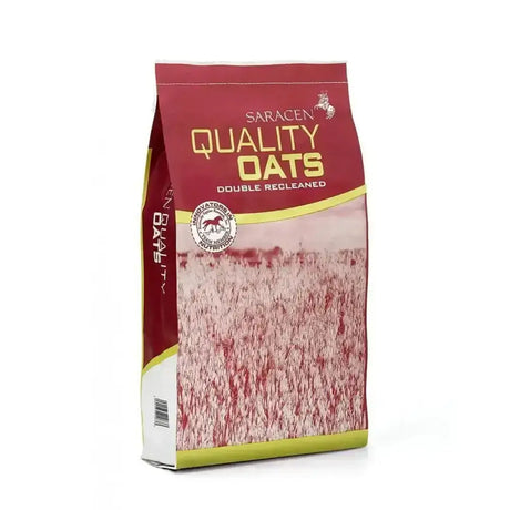 A red and green bag of saracen english bruised oats double cleaned for high quality cooking use