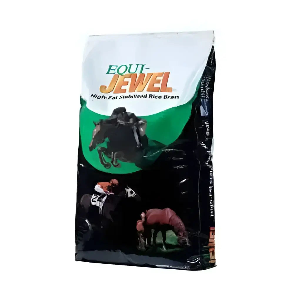 Saracen equi-jewel pellets horse feed in black and green bag with horse image helps with excessive cereal intake conditioning