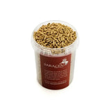 A clear plastic container of brown saracen essential balancer horse feed pellets with red saracen label