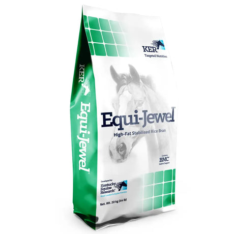 Green and white bag of saracen kerx equi-jewel pellets high-fat stabilized rice bran for horses 20 kg pack