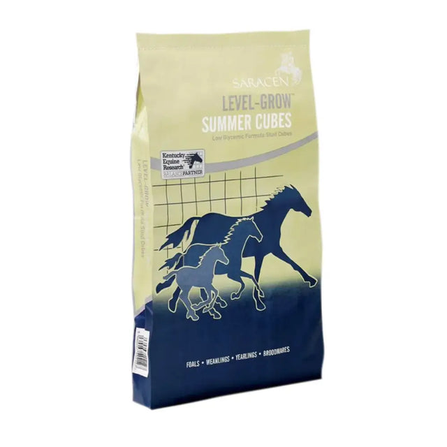 A pale yellow and navy blue saracen level grow cubes bag of horse feed with horse silhouettes and buffered mineral complex
