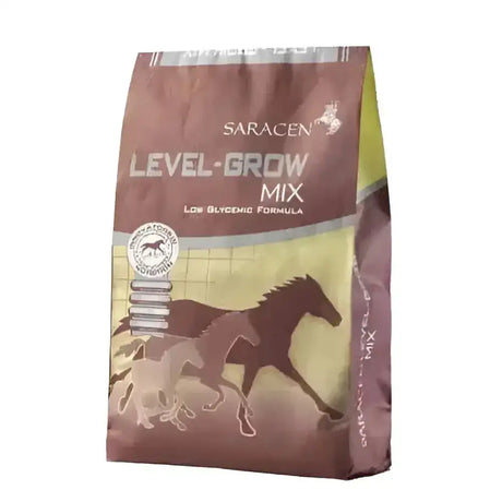 Brown and green bag of saracen level grow mix horse feed with silhouette design for skeletal development