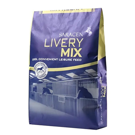 Purple and yellow bag of saracen livery mix 20 kg horse feed for premium saracen livery and livery mix use