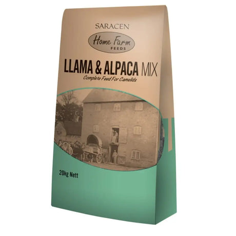 Saracen llama and alpaca mix feed in beige and teal paper bag featuring vintage farm image for equestrian use