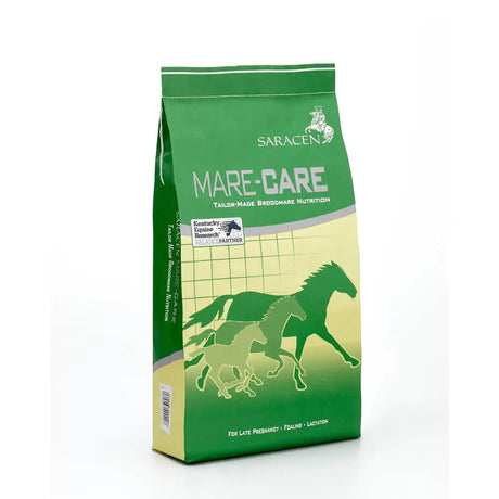 Green and yellow bag of saracen mare-care 20 kg equestrian horse feed with stylized silhouette design