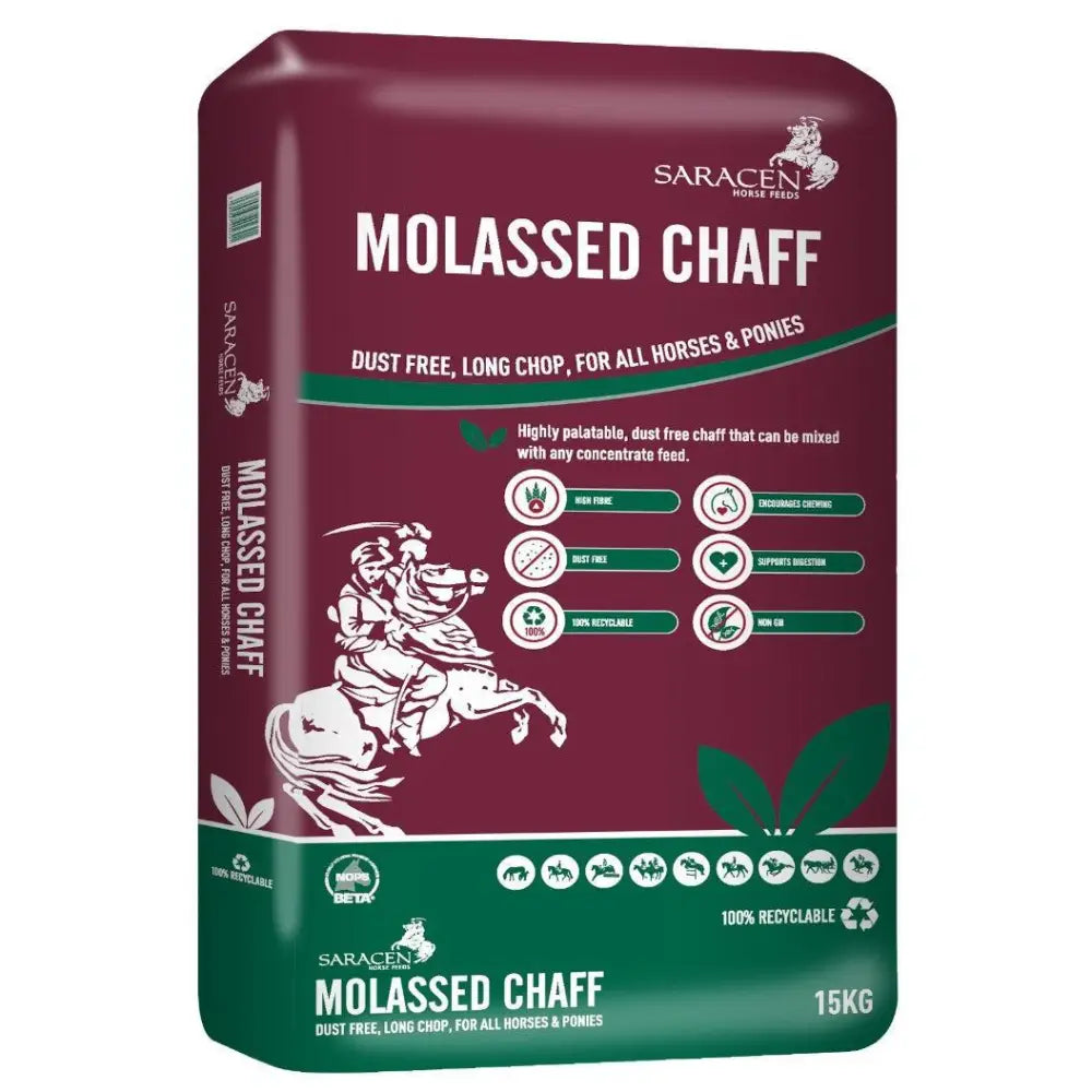 Maroon and green bag of saracen molassed chaff horse feed 15kg perfect for horse nutrition and energy boosters