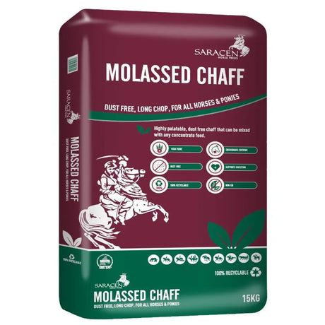 Maroon and green bag of saracen molassed chaff horse feed 15kg perfect for horse nutrition and energy boosters