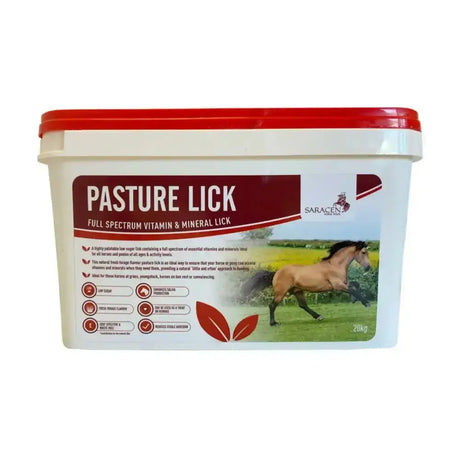 White plastic container with red lid labeled saracen pasture licks featuring pasture lick and a brown horse image